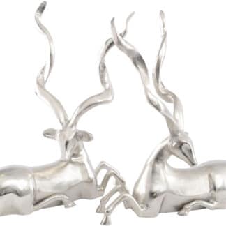 Nickel Finish Set of Two Sitting Deer Sculptures