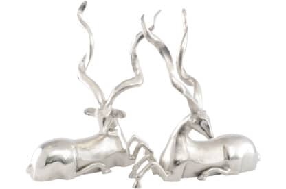 Nickel Finish Set of Two Sitting Deer Sculptures