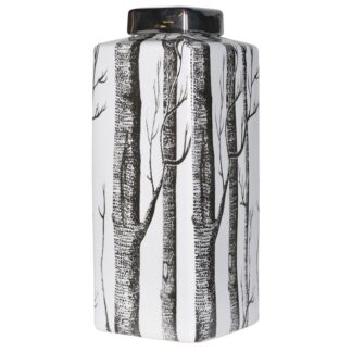 Tall Tree Patterned White Jar