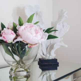 Pink peony arrangement in footed glass bowl