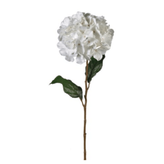 A Large Cream/Off White Velvet Touch Hydrangea, with green leaf detail. Bendable wire stem