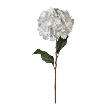 A Large Cream/Off White Velvet Touch Hydrangea, with green leaf detail. Bendable wire stem