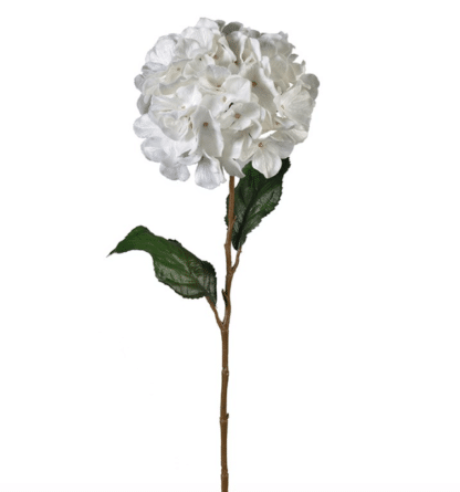 A Large Cream/Off White Velvet Touch Hydrangea, with green leaf detail. Bendable wire stem
