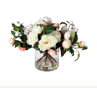 white Peony arrangement in a glass vase