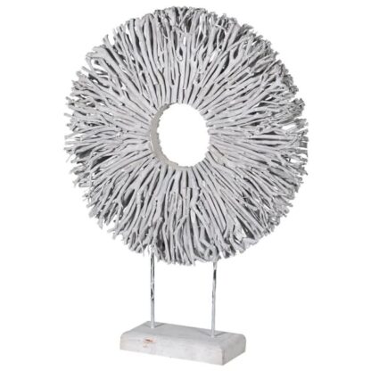white rustic round twig disc on a wooden stand