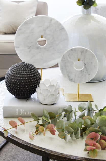 Decorative White Marble Disc on Gold Stand
