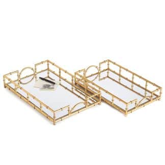 Gold Framed bamboo mirror top tray, set of two