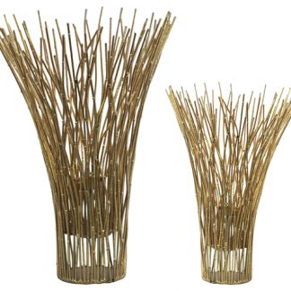 METAL BAMBOO CANDLE HOLDER SET OF TWO METALLIC FINSH GOLD