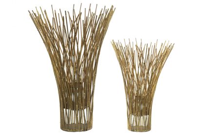 METAL BAMBOO CANDLE HOLDER SET OF TWO METALLIC FINSH GOLD