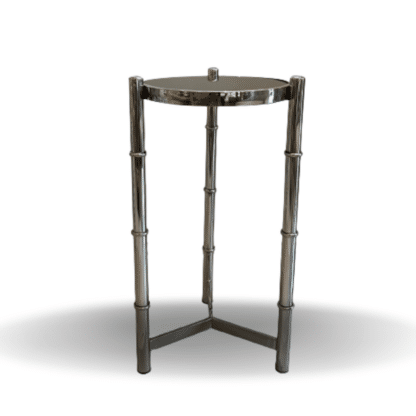 round silver leg and black mirrored side table