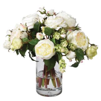 White Rose, off white large peonies and light green hops faux floral Arrangement in 20 cm glass vase