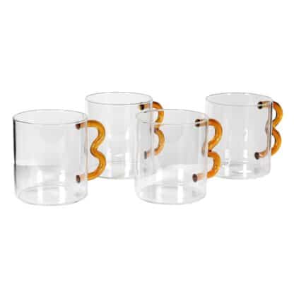 Set of 4 Amber Wave Handle Glass Mugs