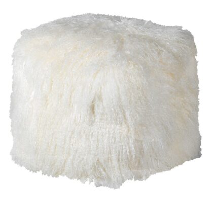 Off white long shaggy lamb fur seating pouf