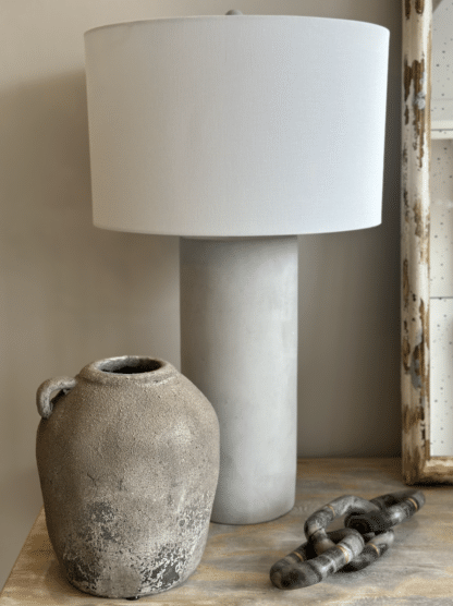 Grey Round Concrete-look Table Lamp base, with a round white cotton lamp shade