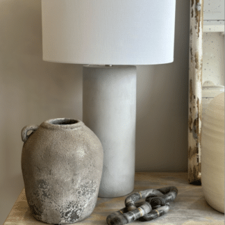 Grey Round Concrete-look Table Lamp base, with a round white cotton lamp shade