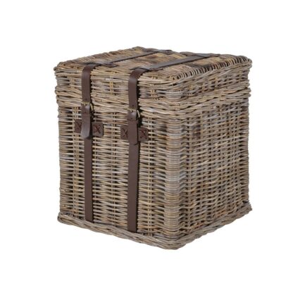 natural brown wicker basket with leather straps and lock