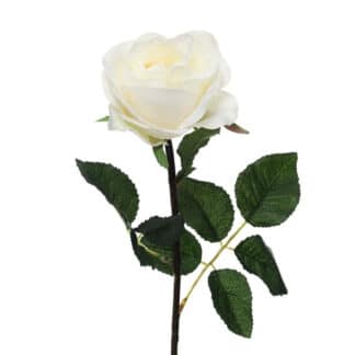 A single cream faux rose with a realistic green stem and green rose leaves