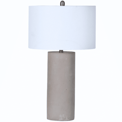 Grey Round Concrete-look Table Lamp base, with a round white cotton lamp shade