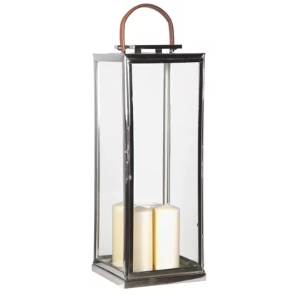 Large Chrome Lantern with tan leather handle