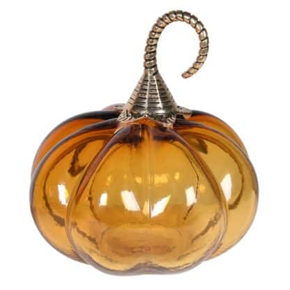 Round Tinted Amber Glass Pumpkin ornament with a detailed Gold Stem