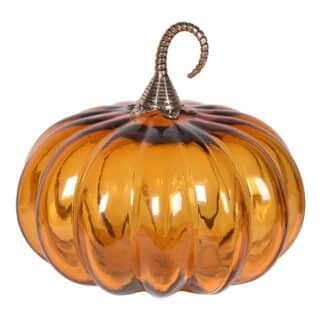 Large round amber tinted decorative glass pumpkin, with a delicate gold detailed stem