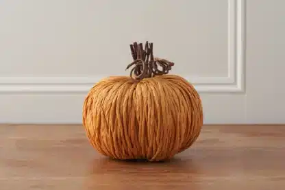 Handmade Burnt Orange Straw Pumpkin with Decorative Stalk