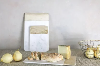 Rectangular White Marble Serving Board with natural mango wood decorative strip