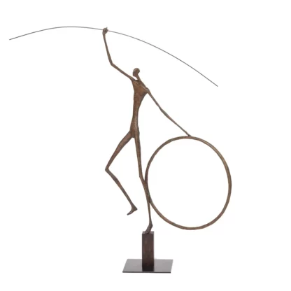 original tall bronze figure and hoop sculpture on stand