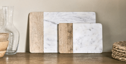 Rectangular White Marble Serving Board with natural mango wood strip