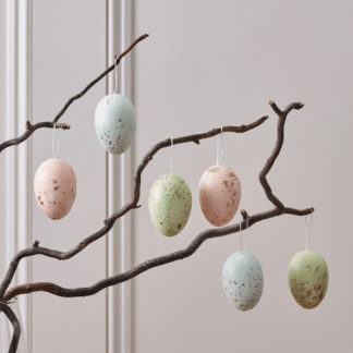 6 hanging pastel easter eggs with gold speckles