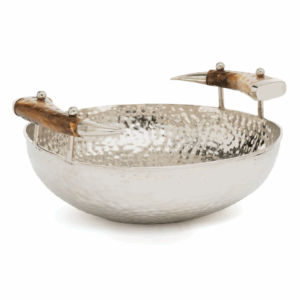 nickel hammered Bowl With Natural Horn Handles